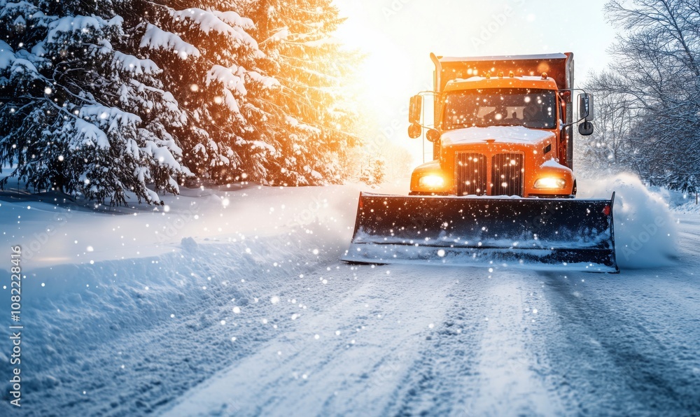 Snow plow clearing road in winter landscape, bright sunlight, snow-covered trees, snowflakes falling, winter scene Snow plow clearing road in winter landscape, bright sunlight, snow-covered trees, snowflakes falling, winter scene