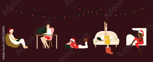 Comfortable, domestic, cozy workplace. Home office. Womans of different nationalities are working online in Christmas hat, set. Isolated background. Vector.