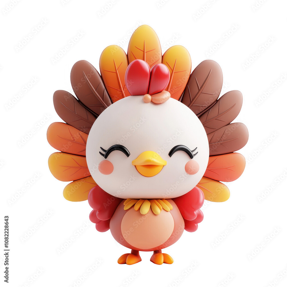 Fototapeta premium A cheerful cartoon turkey character with colorful feathers and a bright smile., isolated on a transparent background.