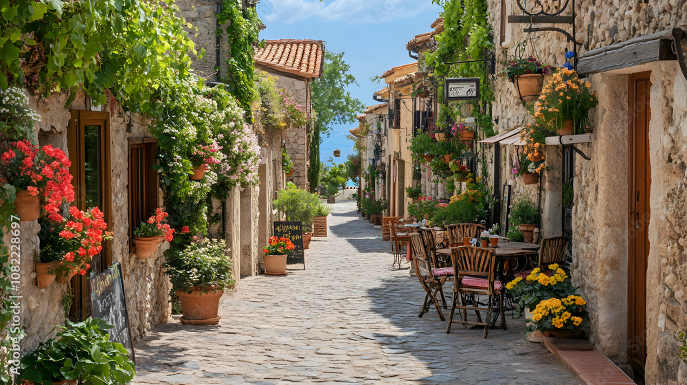 Vibrant Flower-Adorned Stone Street, Mediterranean Coastal Village, Sunny Day Vibrant Flower-Adorned Stone Street, Mediterranean Coastal Village, Sunny Day