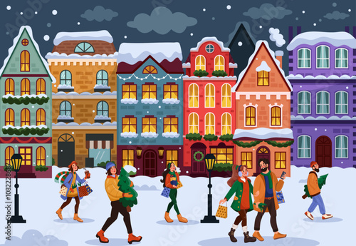 Christmas winter cityscape. Snowy street. Xmas fair. House with windows or store doors. City shop. Town square buildings. Happy people walking and carrying holiday gifts. Vector panoramic tidy facades