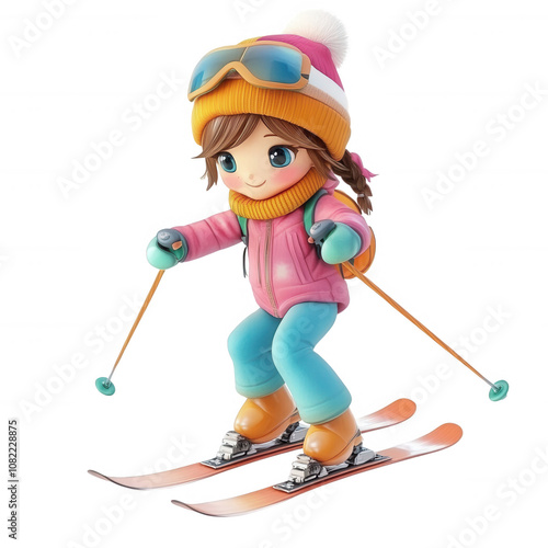 A cheerful child skiing down a snowy slope on a winter day, showcasing joyful movement., isolated on a transparent background.