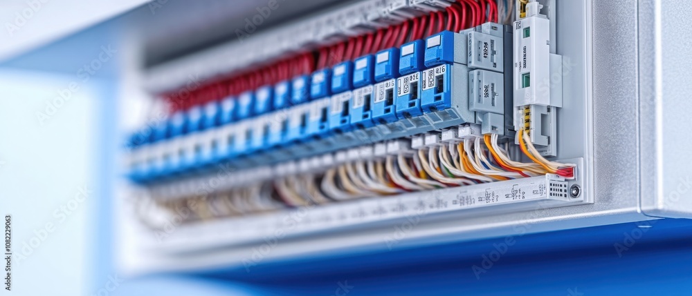 A close-up of a neatly organized electrical distribution board showcasing circuit breakers and colorful wiring. A close-up of a neatly organized electrical distribution board showcasing circuit breakers and colorful wiring.