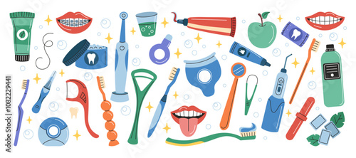 Dental icon set. Toothbrush and floss, teeth hygiene, electric brush. Medical dentist, tooth care. Oral health, different tools, mouth treatment. Vector tidy cartoon flat style isolated illustration