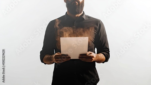 A male with a dark beard holding a smoky piece of paper, creating an air of mystery and intrigue. photo