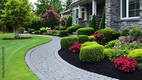 Fototapeta Naklejka Na Ścianę i Meble -  A beautifully landscaped front yard with a brick path, green lawn, colorful flowers, and bushes.