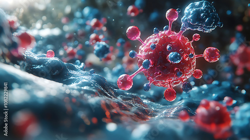 3D illustration of virus surrounded by colorful molecules in dynamic environment, showcasing intricate details of pharmacodynamics and molecular interactions photo