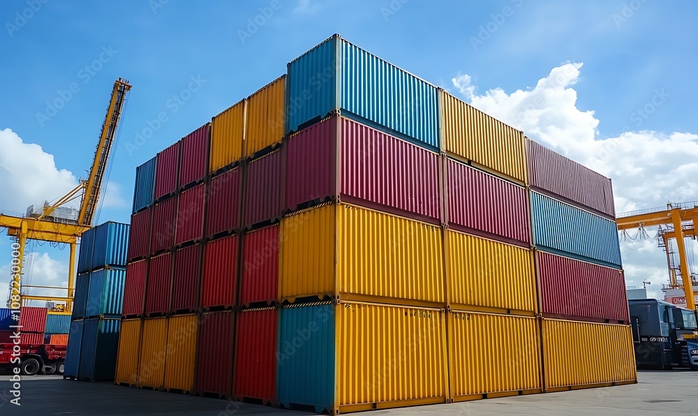 Fototapeta premium Stacked shipping containers at a port against a blue sky.