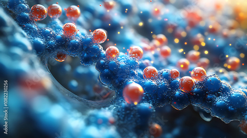 3D visualization of proteins in colorful landscape, showcasing vibrant blue and orange spheres representing molecular structures, creating dynamic and engaging scientific representation