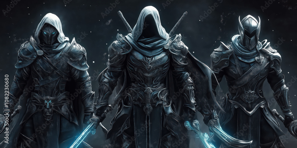 Mysterious hooded warriors in dark armor with glowing swords Mysterious hooded warriors in dark armor with glowing swords