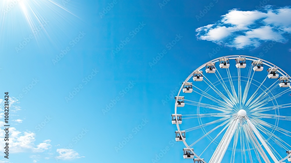 A majestic Ferris wheel under a bright blue sky, showcasing its elegant design with stylish carriages in an open space