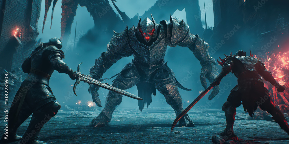 Epic fantasy battle with armored warriors and fierce dragon in dark fortress setting Epic fantasy battle with armored warriors and fierce dragon in dark fortress setting