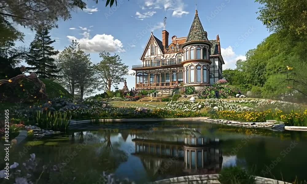 Futuristic Victorian manor on a high hill, with dynamic smart windows and energy-efficient systems, offering a charming view of a flowering garden and peaceful pond Futuristic Victorian manor on a high hill, with dynamic smart windows and energy-efficient systems, offering a charming view of a flowering garden and peaceful pond