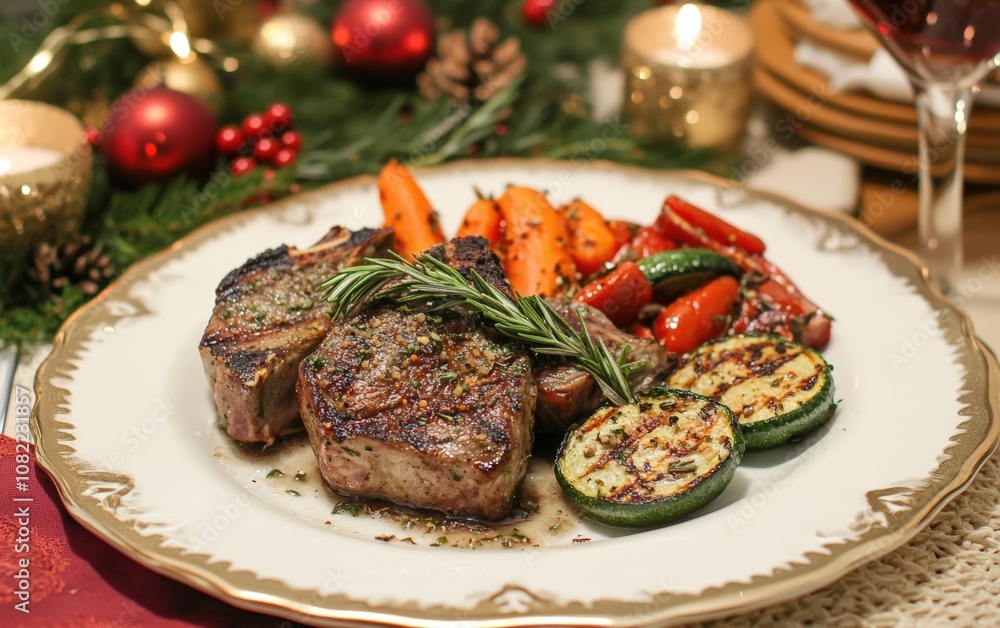 Grilled Lamb Chops with Herb Garnish – Succulent lamb chops cooked to perfection, garnished with rosemary and plated with vibrant vegetables on a luxurious, holiday-themed table setting Grilled Lamb Chops with Herb Garnish – Succulent lamb chops cooked to perfection, garnished with rosemary and plated with vibrant vegetables on a luxurious, holiday-themed table setting