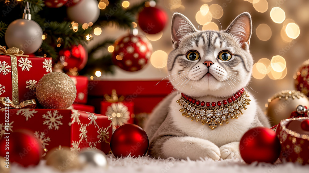 A cat sitting in front of a christmas tree with presents under it A cat sitting in front of a christmas tree with presents under it