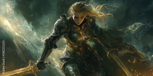 Epic female warrior in battle armor with a sword in dynamic fantasy environment photo