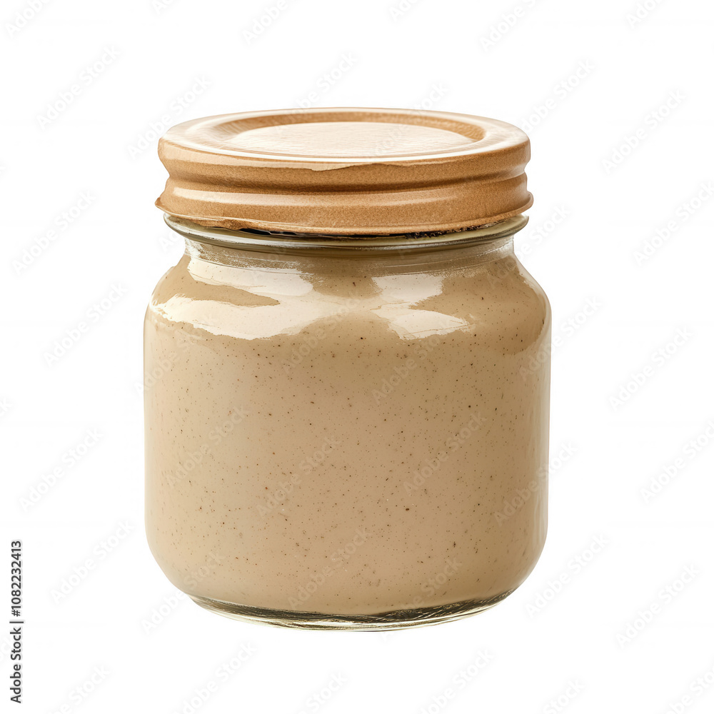 A glass jar filled with creamy nut butter, ideal for healthy snacking and cooking., isolated on a transparent background. A glass jar filled with creamy nut butter, ideal for healthy snacking and cooking., isolated on a transparent background.