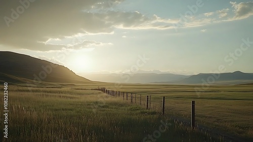 A serene landscape at sunset with rolling hills and a fence line.