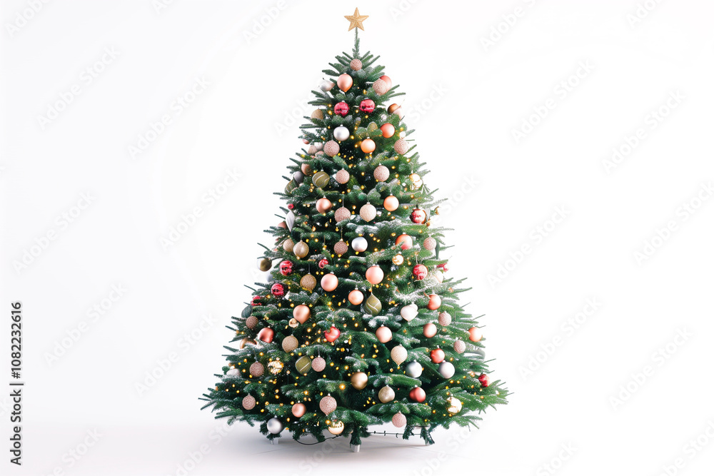 A fully decorated Christmas tree with twinkling lights and ornaments, standing against a pristine white background. A fully decorated Christmas tree with twinkling lights and ornaments, standing against a pristine white background.