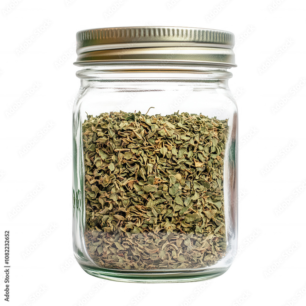 A jar filled with dried herbs, perfect for adding flavor to various dishes., isolated on a transparent background. A jar filled with dried herbs, perfect for adding flavor to various dishes., isolated on a transparent background.