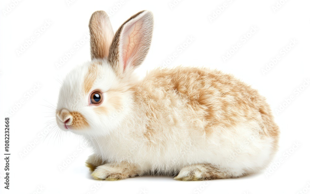 Obraz premium Rabbit on White Background â€“ Fluffy white rabbit with pink nose and long ears perked up, sitting in a gentle pose 