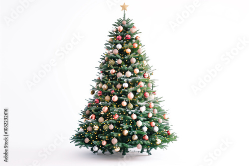 A fully decorated Christmas tree with twinkling lights and ornaments, standing against a pristine white background.