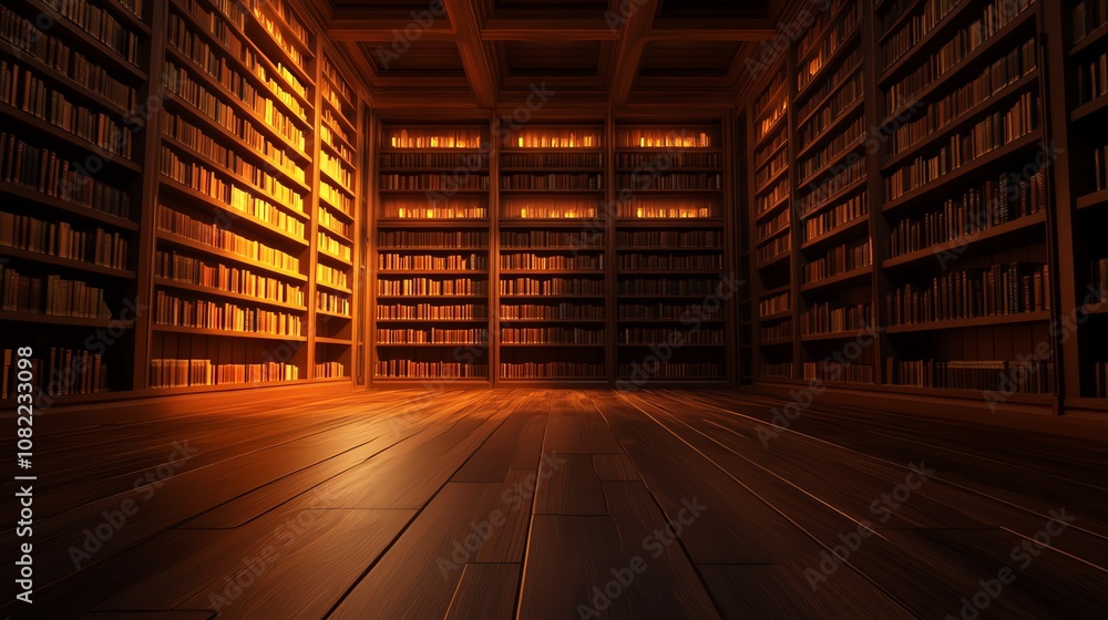 Cozy library interior with warm lighting and towering bookshelves. Cozy library interior with warm lighting and towering bookshelves.