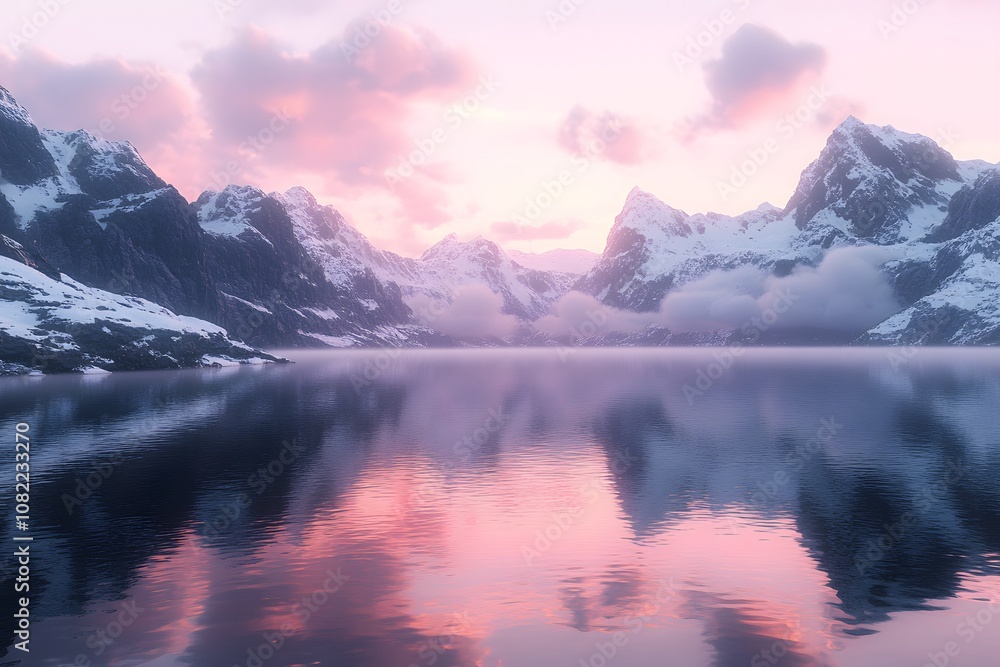Serene mountain landscape at dawn, reflecting on a calm lake with soft clouds. Serene mountain landscape at dawn, reflecting on a calm lake with soft clouds.