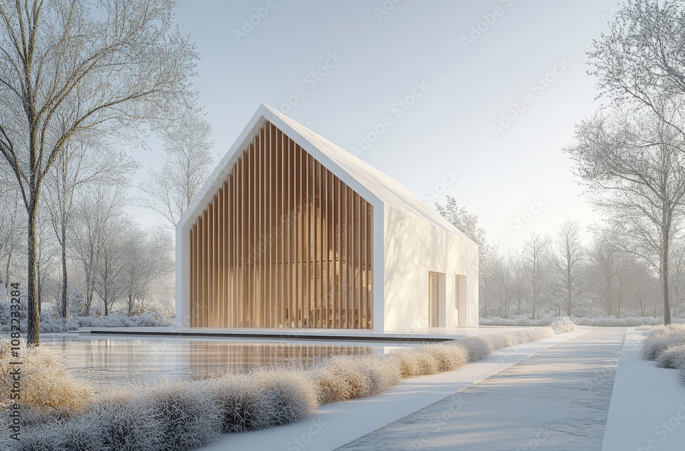 3D rendering of a white minimalist house with wood slats on the facade, 3D rendering of a white minimalist house with wood slats on the facade,