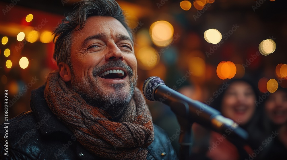 Joyful Singer at Night Market: A charismatic man with a joyful expression sings into a microphone at a bustling night market, surrounded by warm lighting and happy faces. Joyful Singer at Night Market: A charismatic man with a joyful expression sings into a microphone at a bustling night market, surrounded by warm lighting and happy faces.
