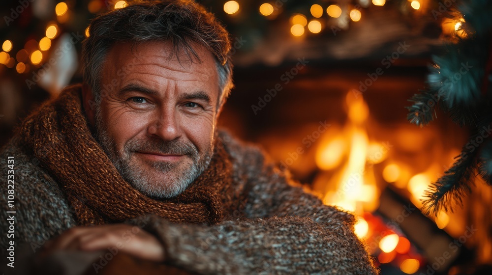 Cozy Winter Fireplace: A man with a warm smile, wrapped in a knitted scarf and sweater, enjoys the warmth of a crackling fireplace, creating a peaceful and inviting atmosphere. Cozy Winter Fireplace: A man with a warm smile, wrapped in a knitted scarf and sweater, enjoys the warmth of a crackling fireplace, creating a peaceful and inviting atmosphere.