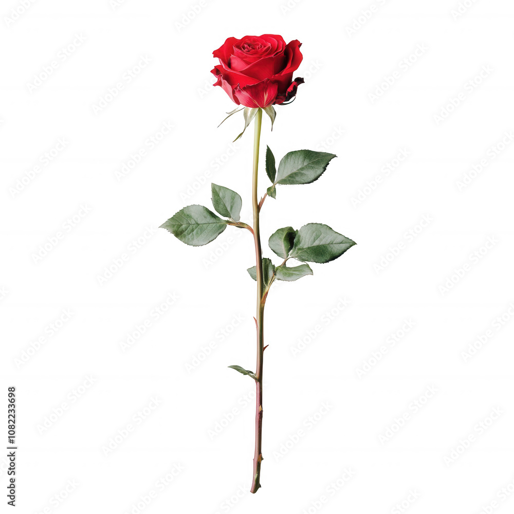 A single red rose with green leaves, symbolizing love and beauty in nature., isolated on a transparent background. A single red rose with green leaves, symbolizing love and beauty in nature., isolated on a transparent background.
