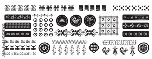 African pattern. Mexican hand drawn elements. Eastern shapes. Aztec graphic circles. Decoration of Ethiopia. Oriental culture background. Repeated print. Vector black silhouette tribal ornaments set