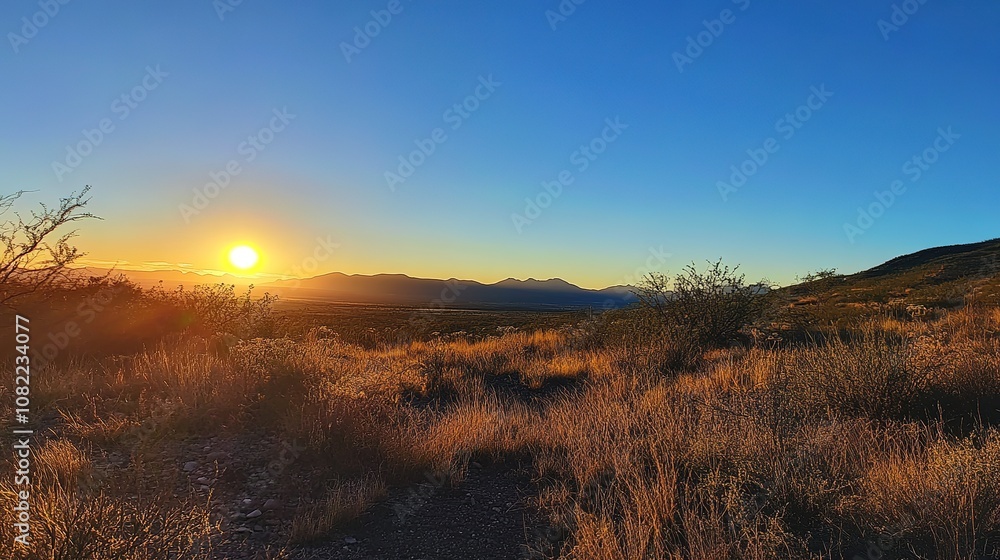 A clear blue sky with the sun rising on the horizon, casting warm golden light across the sky and creating a peaceful and serene morning atmosphere. A clear blue sky with the sun rising on the horizon, casting warm golden light across the sky and creating a peaceful and serene morning atmosphere.