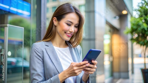 Woman Using Mobile Phone App To Authenthificate Bank Transfer