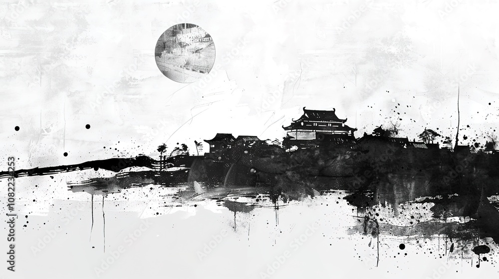 Fototapeta premium Majestic Misty Mountain Peaks in Traditional Chinese Ink Wash Landscape Painting Style