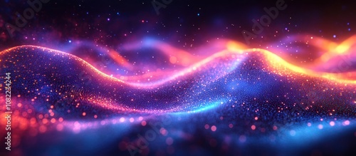 Abstract background with glowing particles and a wavy shape in vibrant colors.