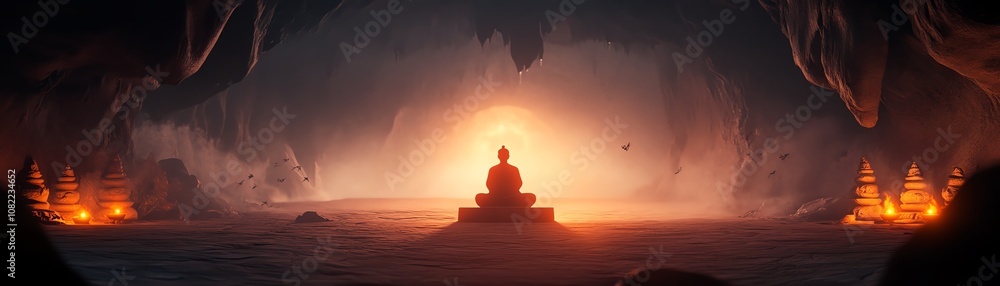A serene cave scene with a meditating statue illuminated by warm light. A serene cave scene with a meditating statue illuminated by warm light.