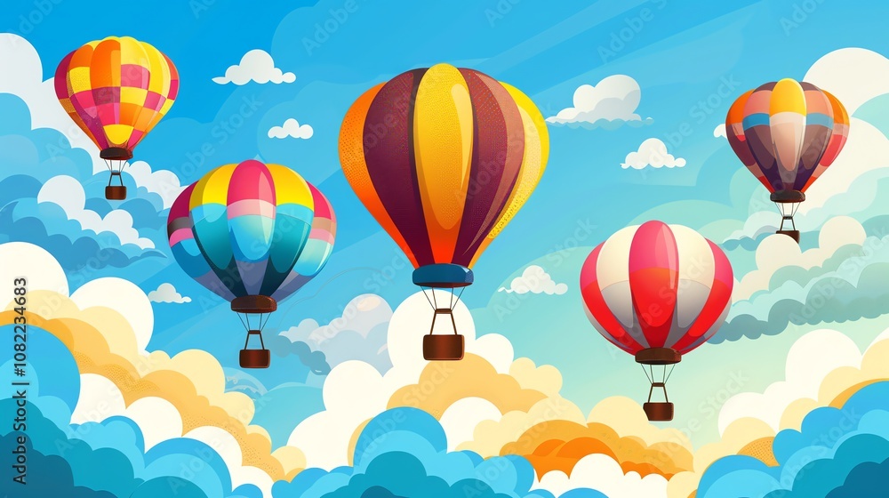Fototapeta premium A cartoon illustration of hot air balloons flying in a blue sky.