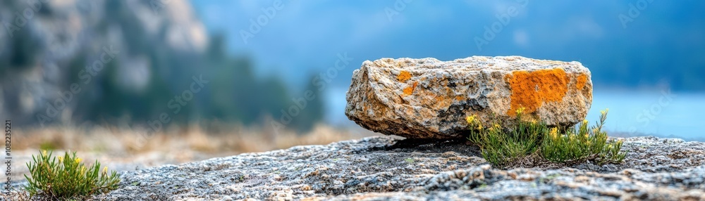 On the rock, Isolated stone in wilderness setting, rugged backdrop, intricate textures On the rock, Isolated stone in wilderness setting, rugged backdrop, intricate textures