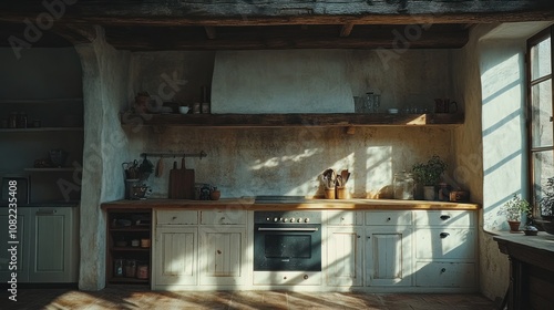 Rustic kitchen with wooden beams, white cabinets, and a black oven.