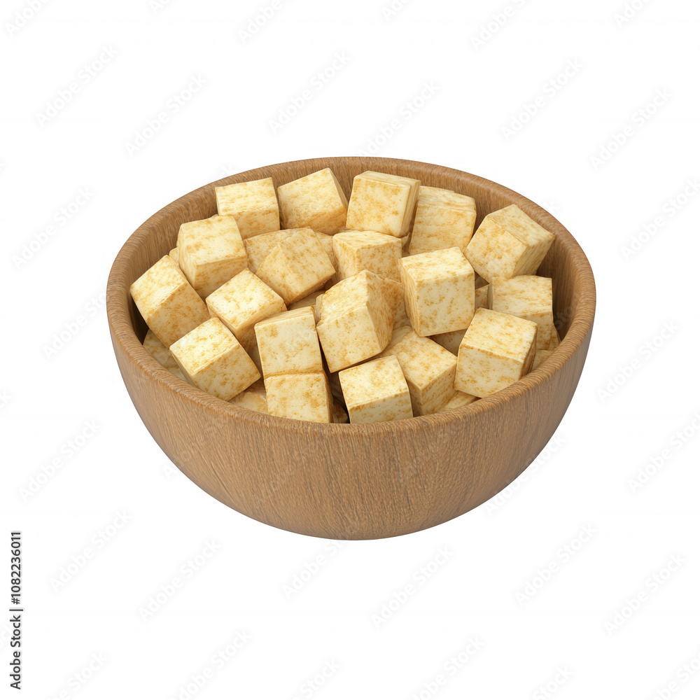 A wooden bowl filled with fresh, cubed tofu, perfect for healthy meal preparations., isolated on a transparent background. A wooden bowl filled with fresh, cubed tofu, perfect for healthy meal preparations., isolated on a transparent background.