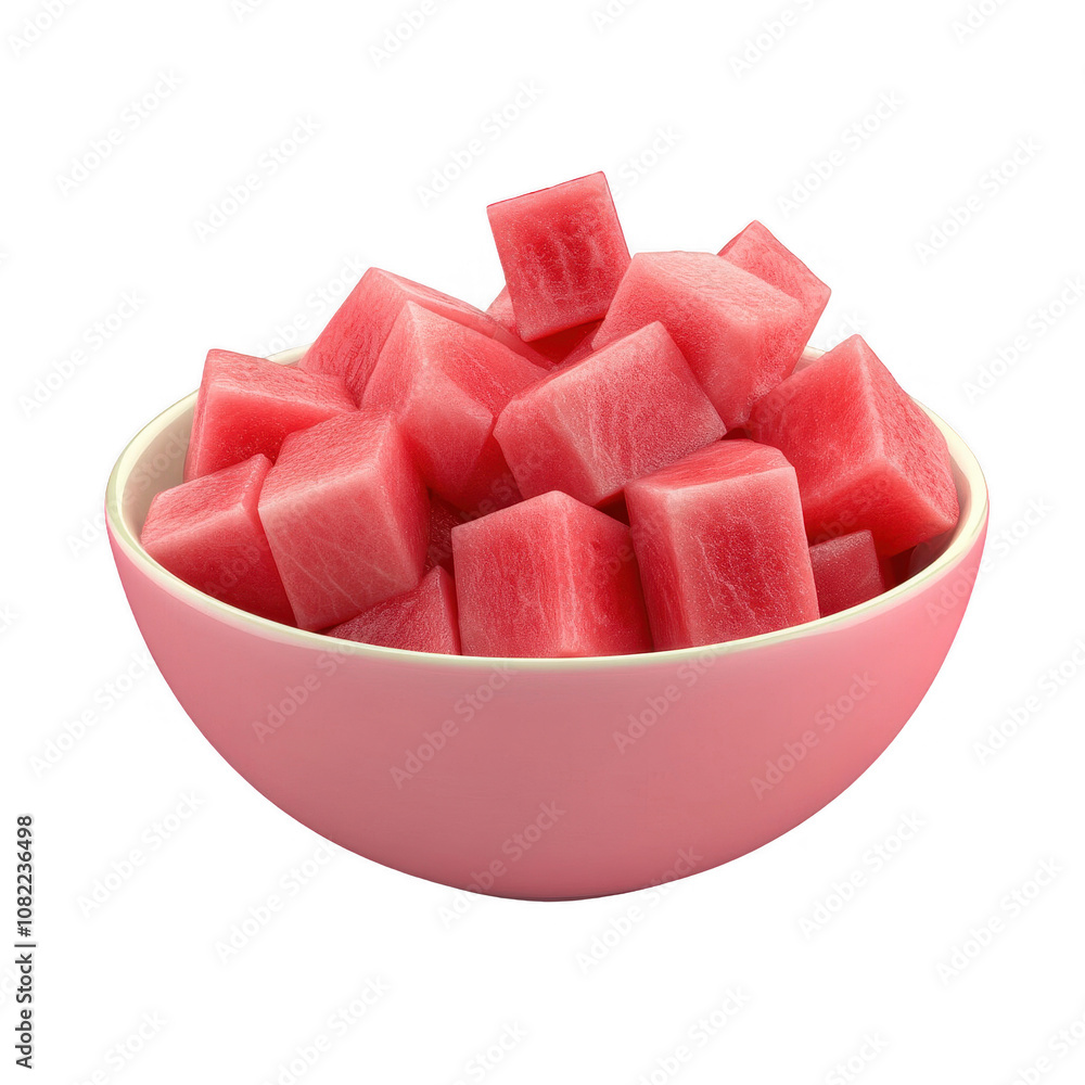Bowl of fresh watermelon cubes, a refreshing summer fruit treat., isolated on a transparent background. Bowl of fresh watermelon cubes, a refreshing summer fruit treat., isolated on a transparent background.