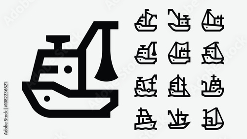 Fishing Boat Trawler Line Icons