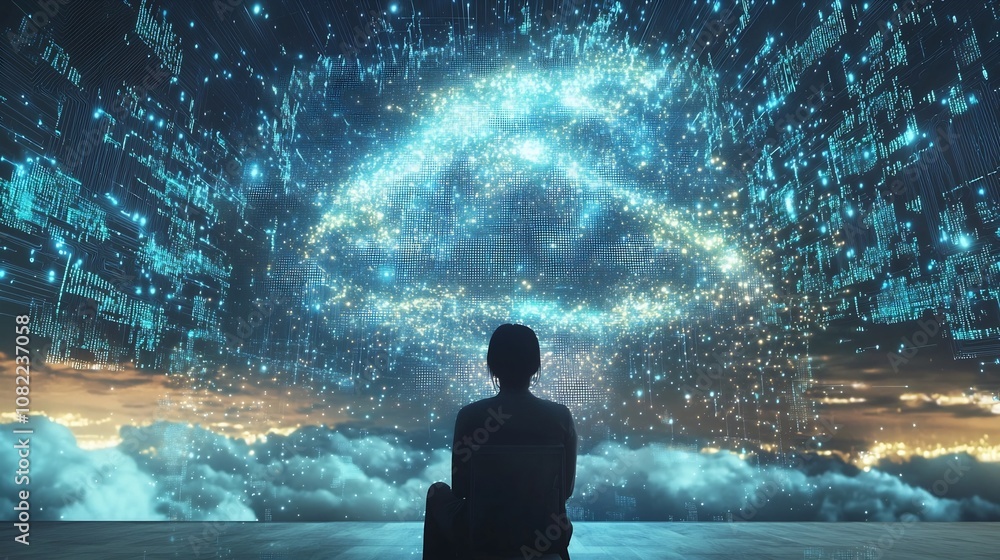 Obraz premium Person Accessing Glowing Data Cloud with Manipulating Patterns around Them Cloud Computing Concept