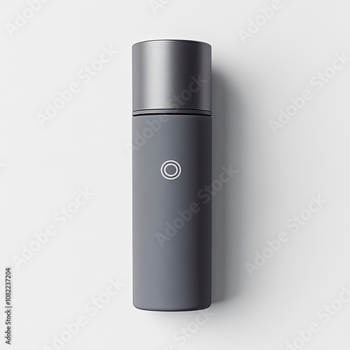 Hyperrealistic studio photograph of a minimalist cylindrical deodorant spray bottle with a smooth, tapered shape. generative ai