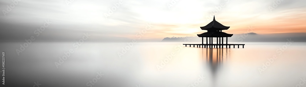 Tranquil waters reflect a serene pavilion at dawn, showcasing perfect harmony in nature. Tranquil waters reflect a serene pavilion at dawn, showcasing perfect harmony in nature.