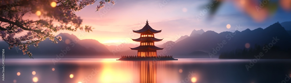 Serene sunset over a tranquil lake with a traditional pagoda in the distance. Serene sunset over a tranquil lake with a traditional pagoda in the distance.