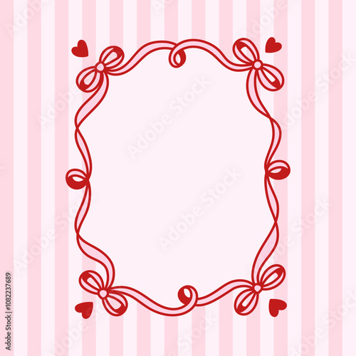 Frame of coquette pretty charming bows and hearts on striped background. Hand drawn trendy ribbons border. Vintage bowknots frame for greeting cards, wedding, invitations, social media