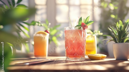 A vibrant assortment of tropical cocktails featuring fresh ingredients, set against a sunlit backdrop with greenery.